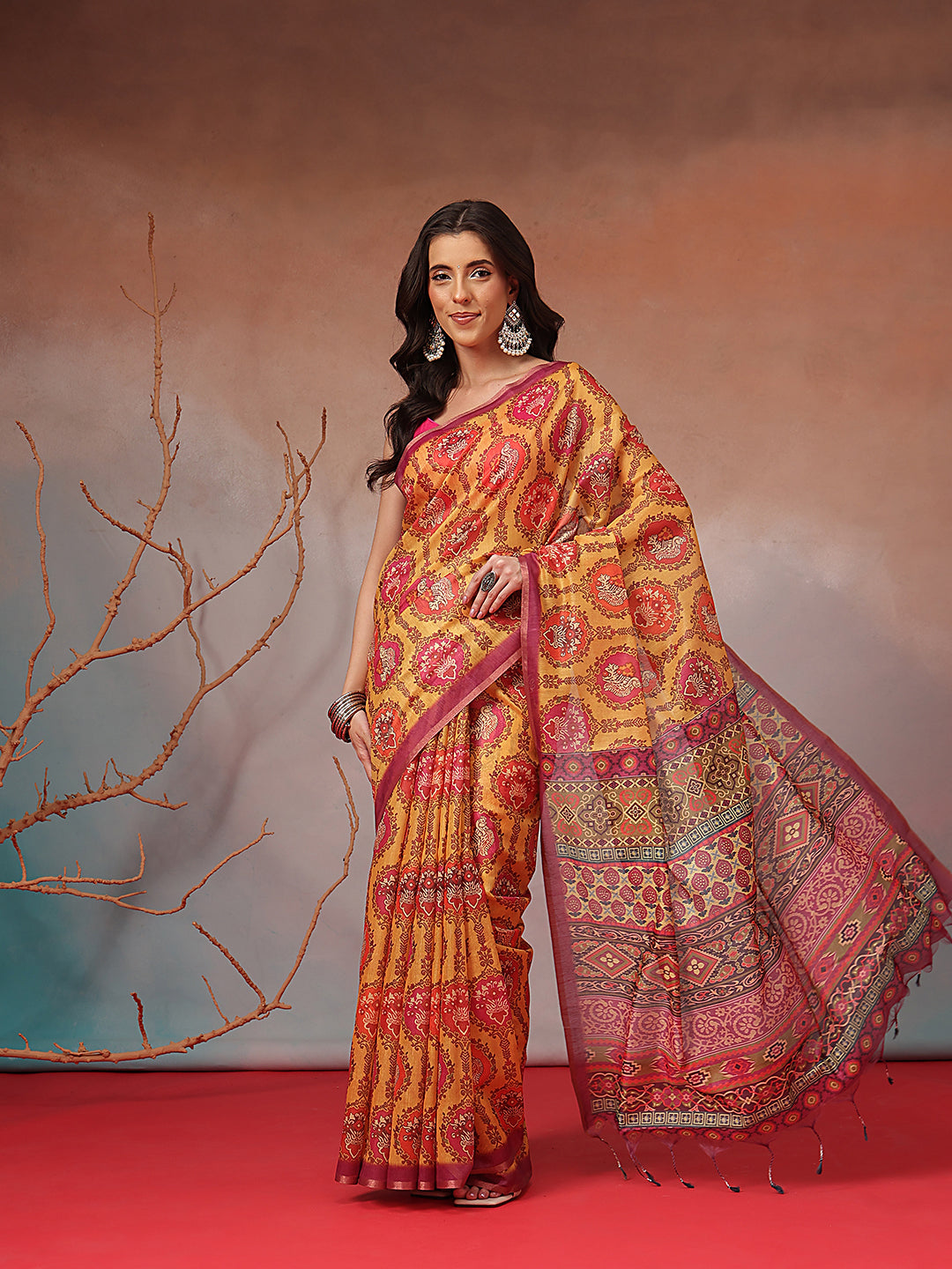 Digital Printed Premium Cotton Blend Chanderi Saree with Traditional Motifs & Tassel