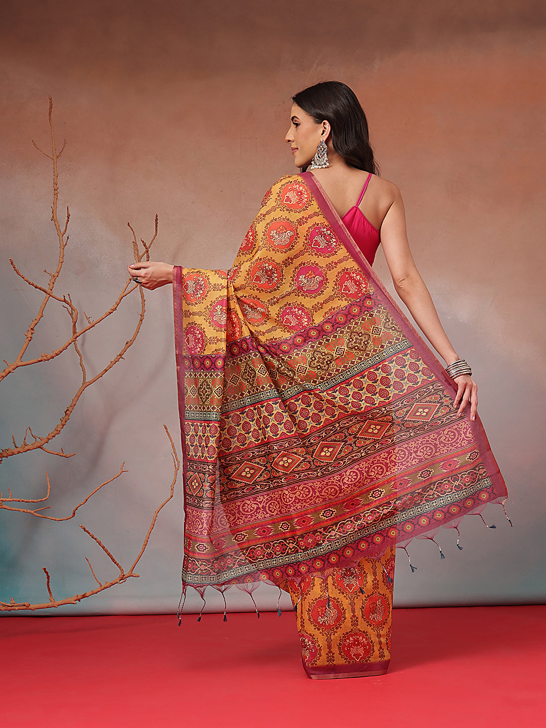 Digital Printed Premium Cotton Blend Chanderi Saree with Traditional Motifs & Tassel