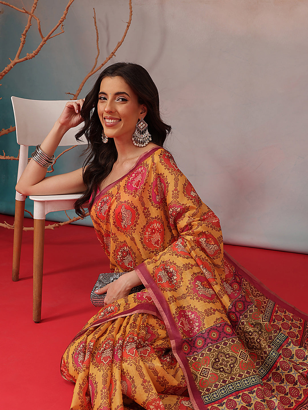 Digital Printed Premium Cotton Blend Chanderi Saree with Traditional Motifs & Tassel