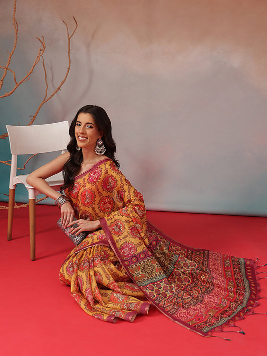 Digital Printed Premium Cotton Blend Chanderi Saree with Traditional Motifs & Tassel