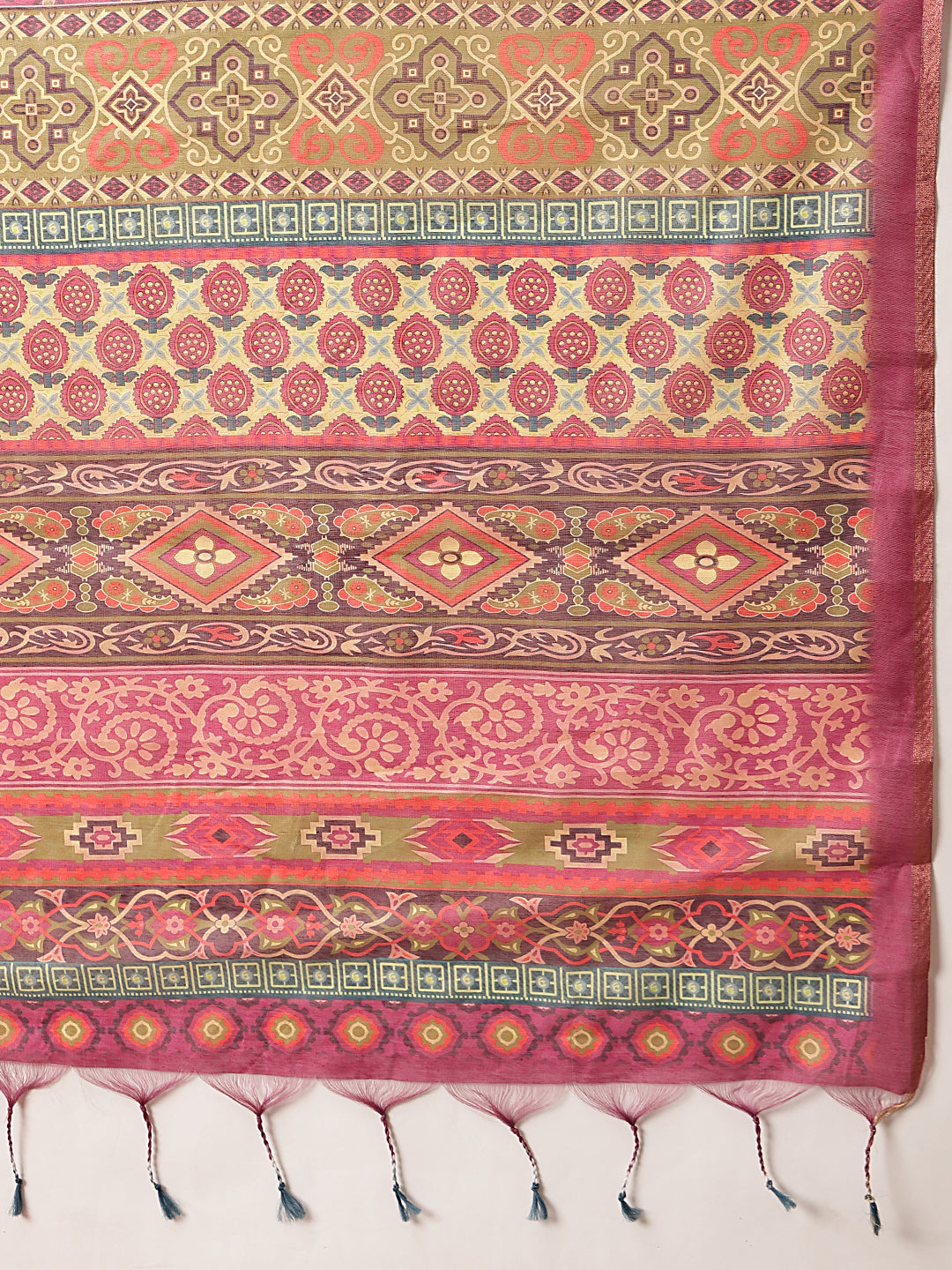 Digital Printed Premium Cotton Blend Chanderi Saree with Traditional Motifs & Tassel