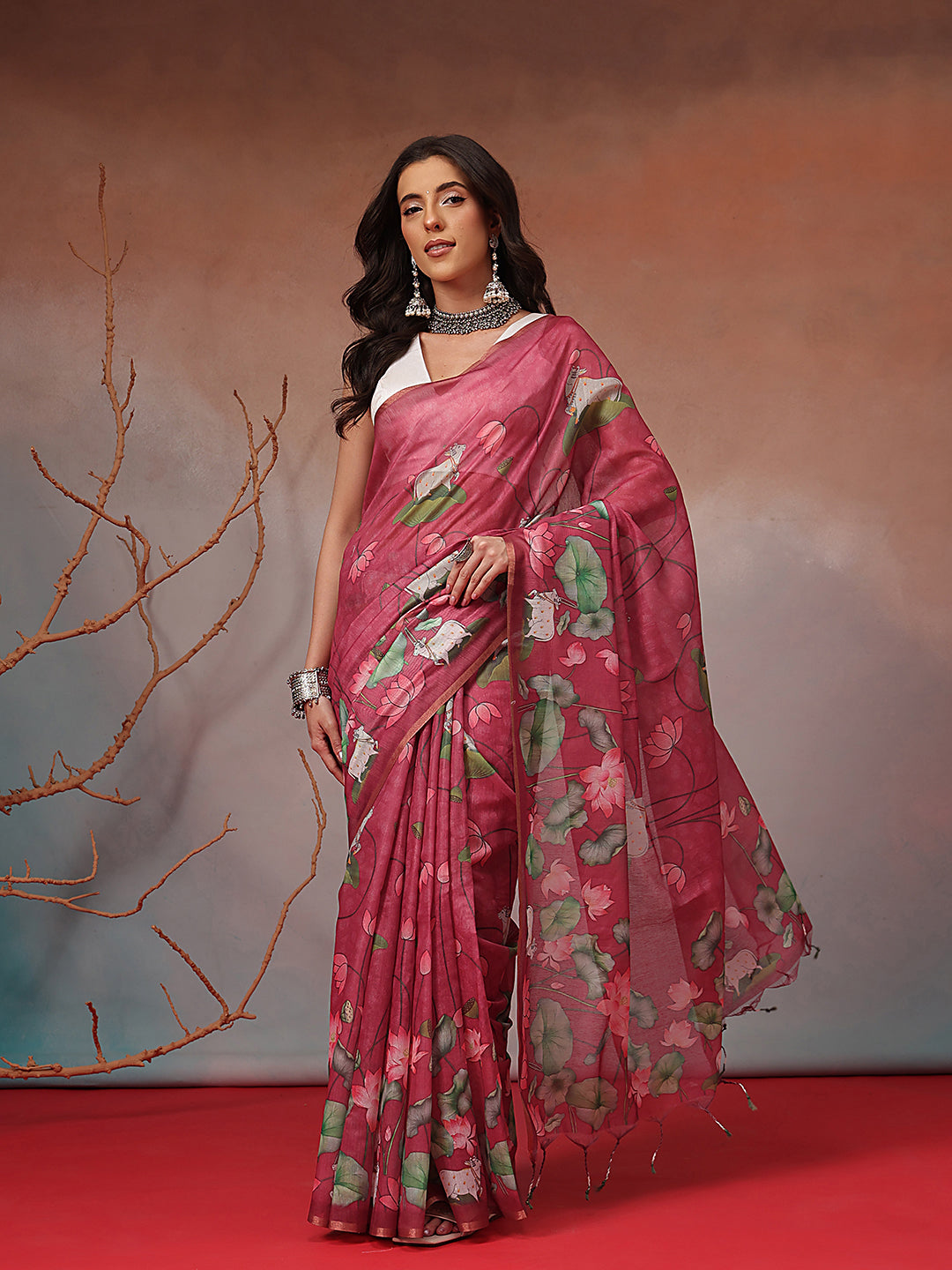 Digital Printed Premium Cotton Blend Chanderi Saree with Traditional Motifs & Tassel