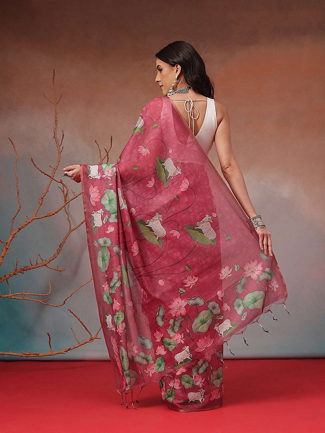 Digital Printed Premium Cotton Blend Chanderi Saree with Traditional Motifs & Tassel