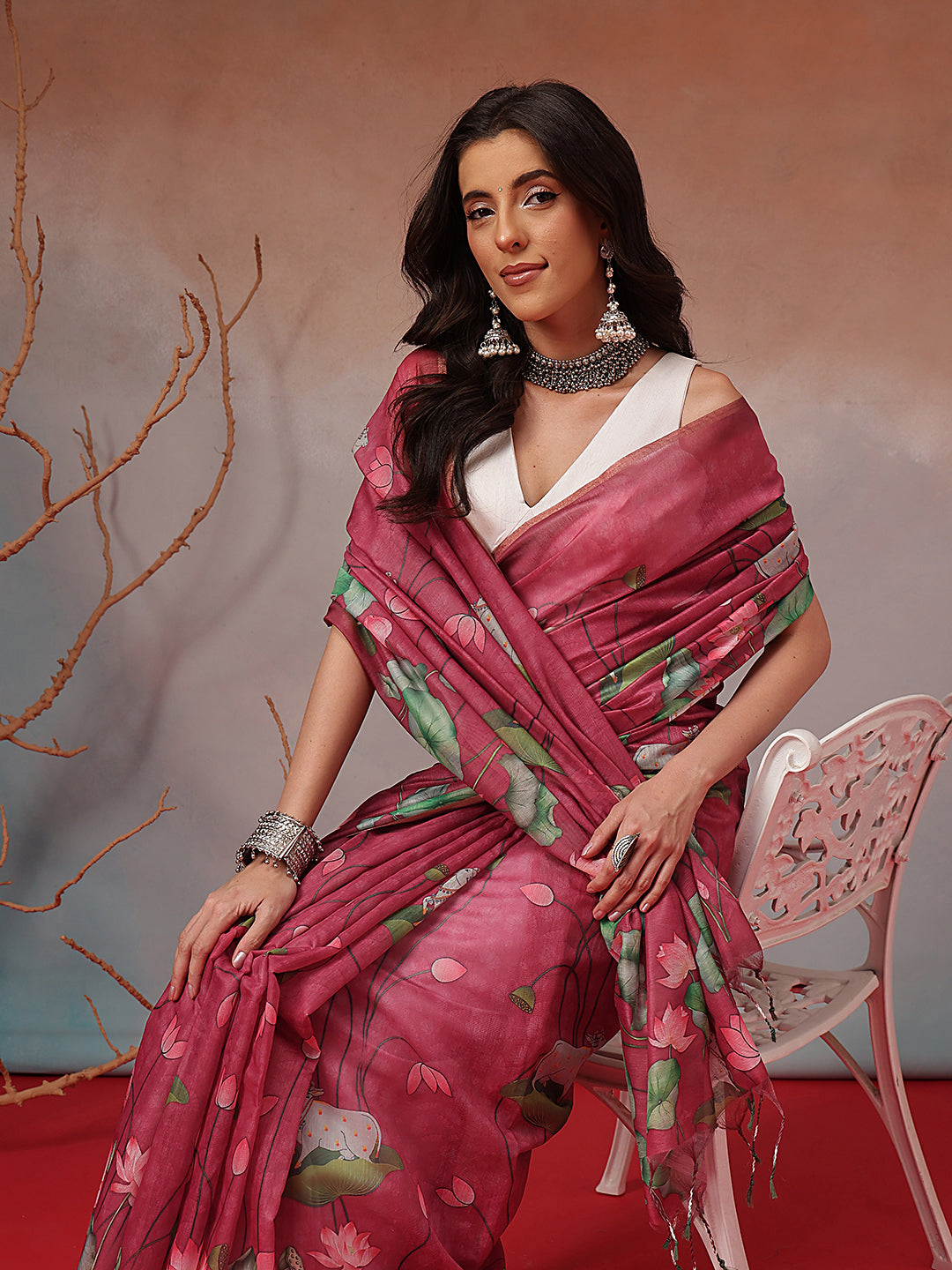 Digital Printed Premium Cotton Blend Chanderi Saree with Traditional Motifs & Tassel