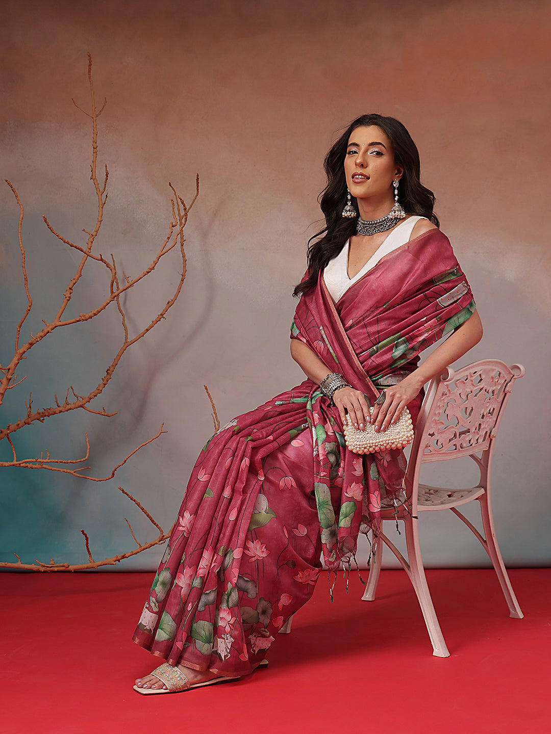 Digital Printed Premium Cotton Blend Chanderi Saree with Traditional Motifs & Tassel