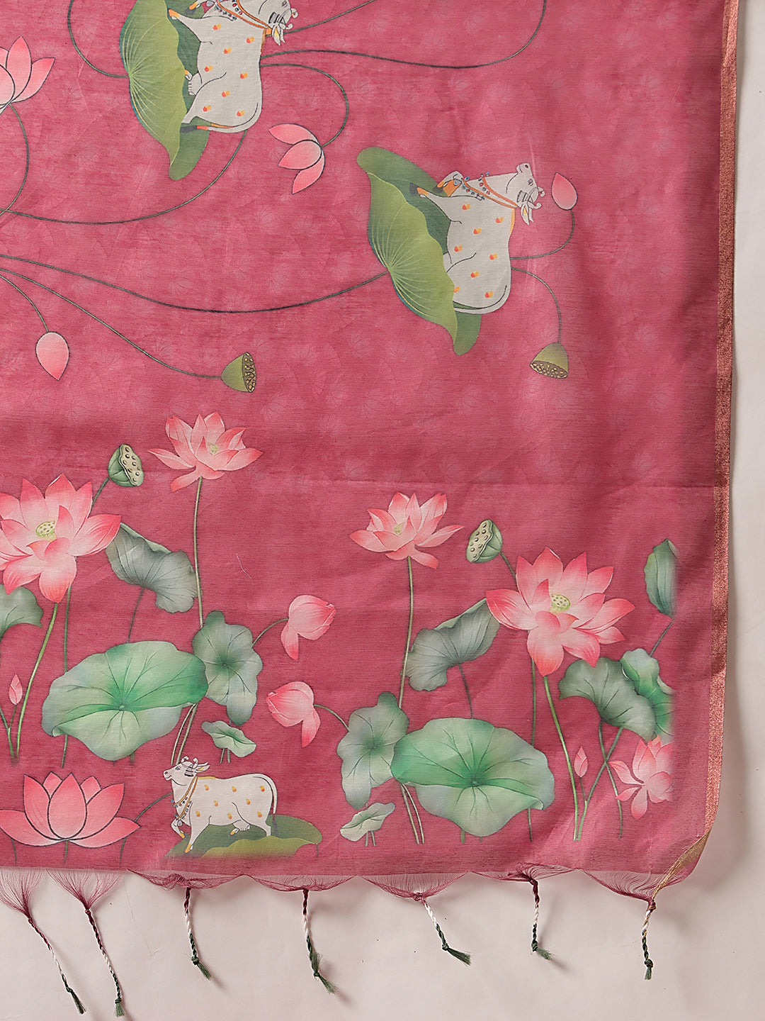 Digital Printed Premium Cotton Blend Chanderi Saree with Traditional Motifs & Tassel