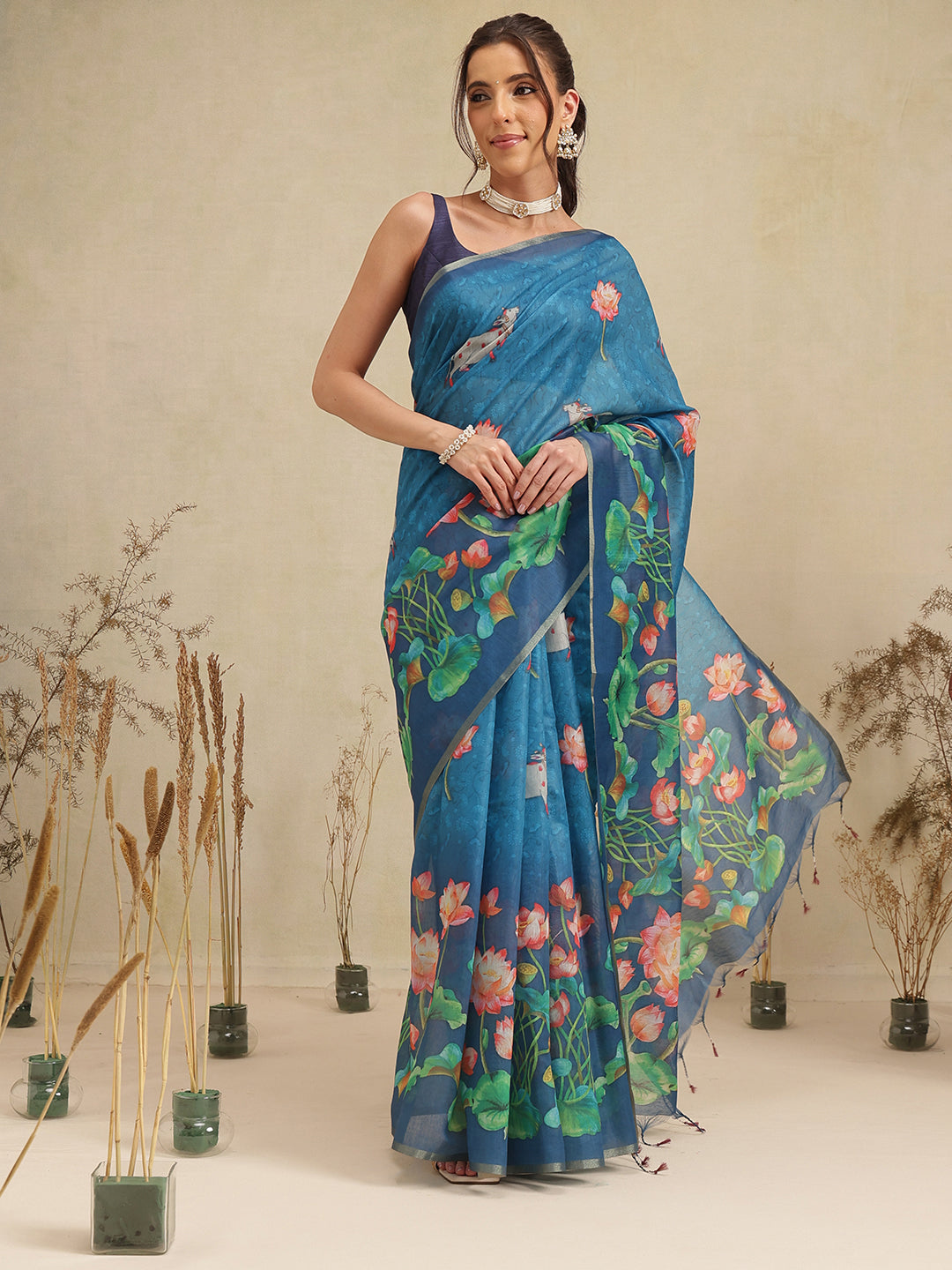 Digital Printed Premium Cotton Blend Chanderi Saree with Traditional Motifs & Tassel