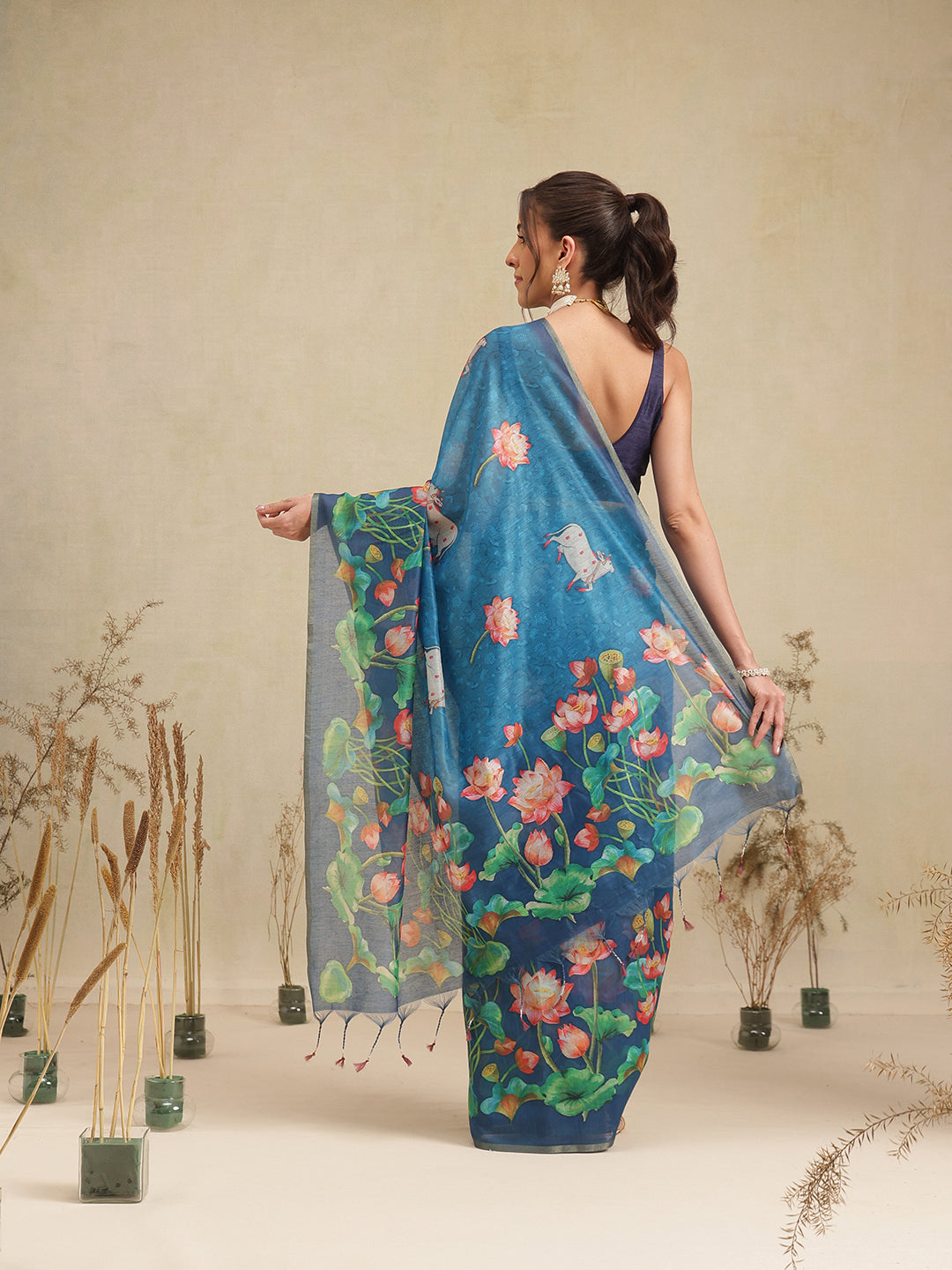 Digital Printed Premium Cotton Blend Chanderi Saree with Traditional Motifs & Tassel