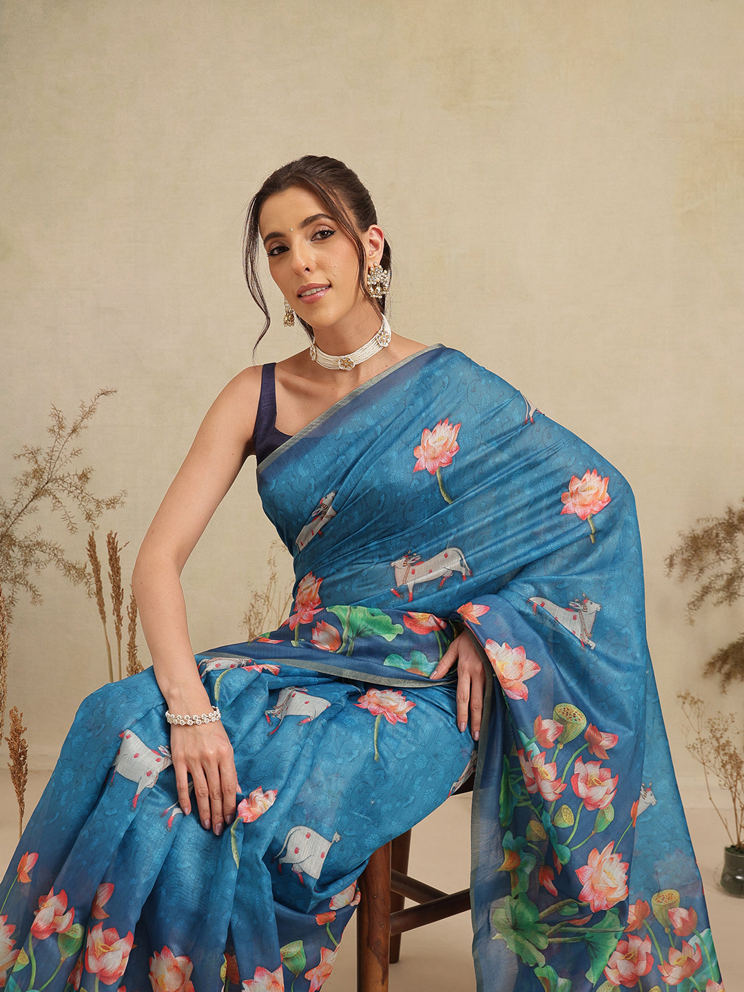 Digital Printed Premium Cotton Blend Chanderi Saree with Traditional Motifs & Tassel