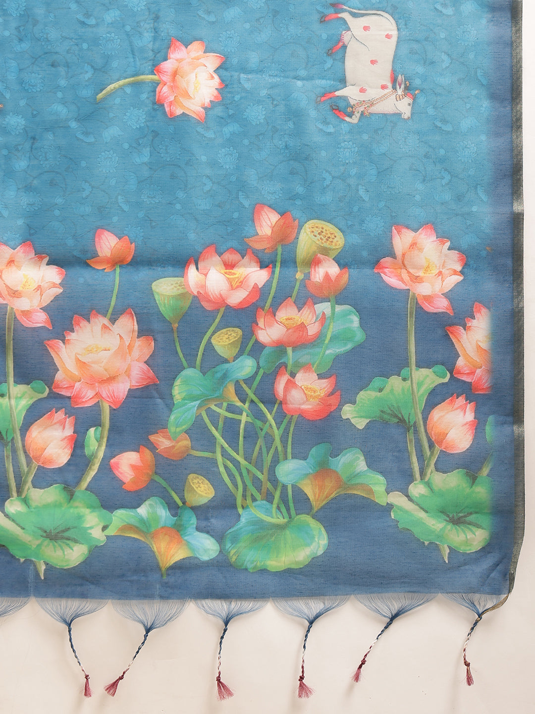 Digital Printed Premium Cotton Blend Chanderi Saree with Traditional Motifs & Tassel