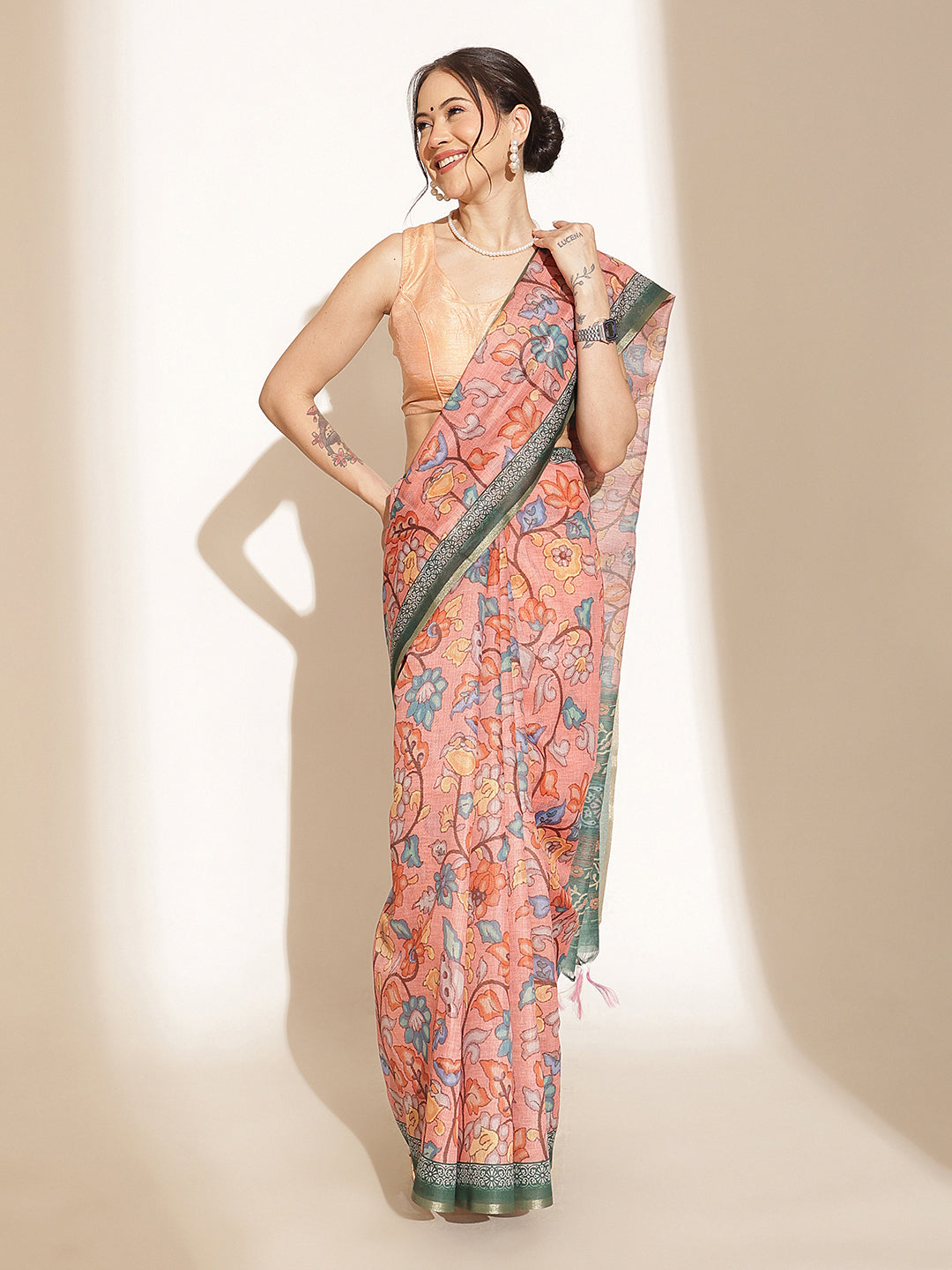 Digital Printed Floral Cotton Chanderi Saree With Tassels