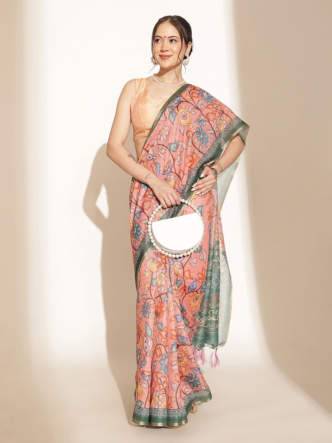Digital Printed Floral Cotton Chanderi Saree With Tassels