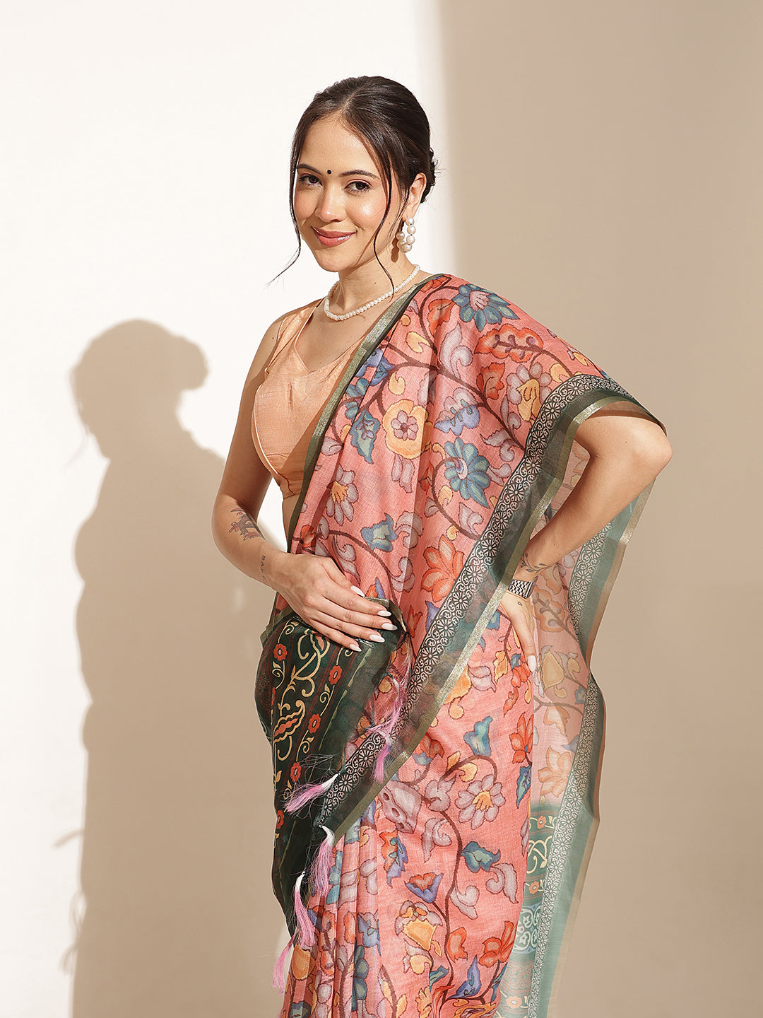 Digital Printed Floral Cotton Chanderi Saree With Tassels