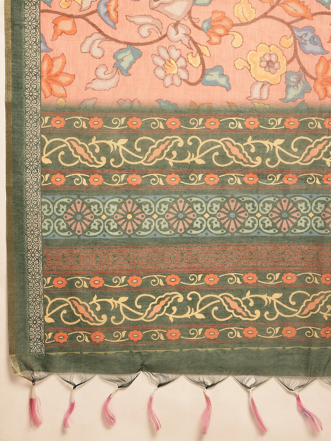 Digital Printed Floral Cotton Chanderi Saree With Tassels
