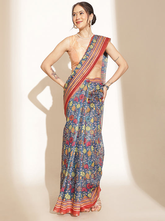 Digital Printed Floral Cotton Chanderi Saree With Tassels