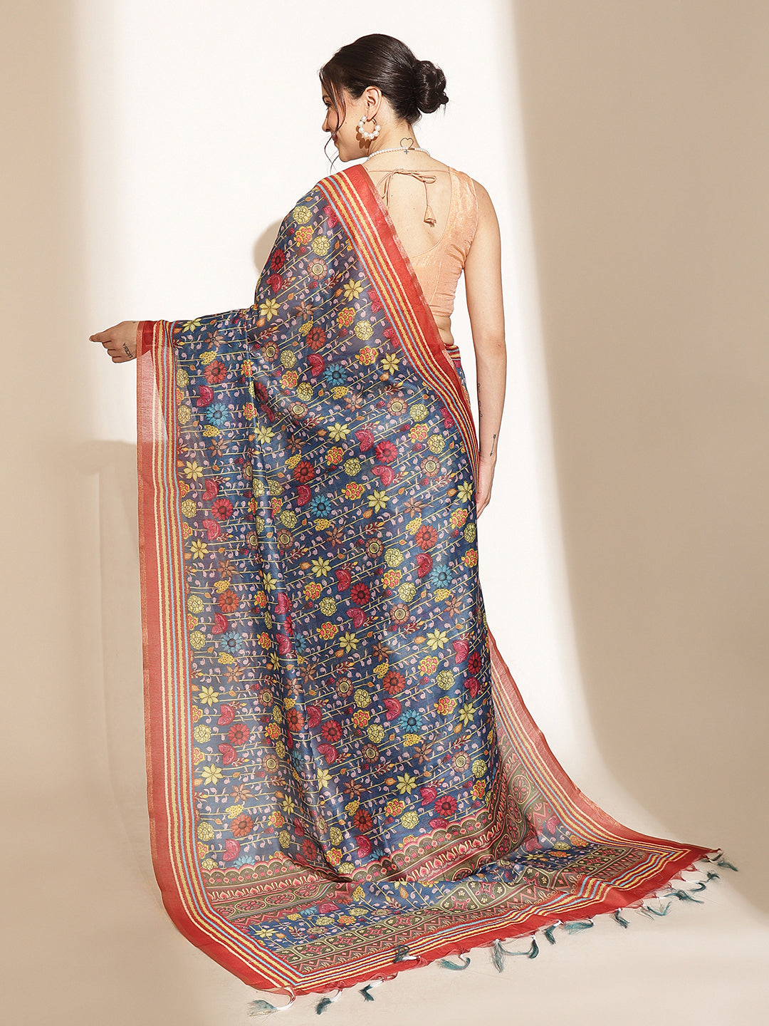 Digital Printed Floral Cotton Chanderi Saree With Tassels