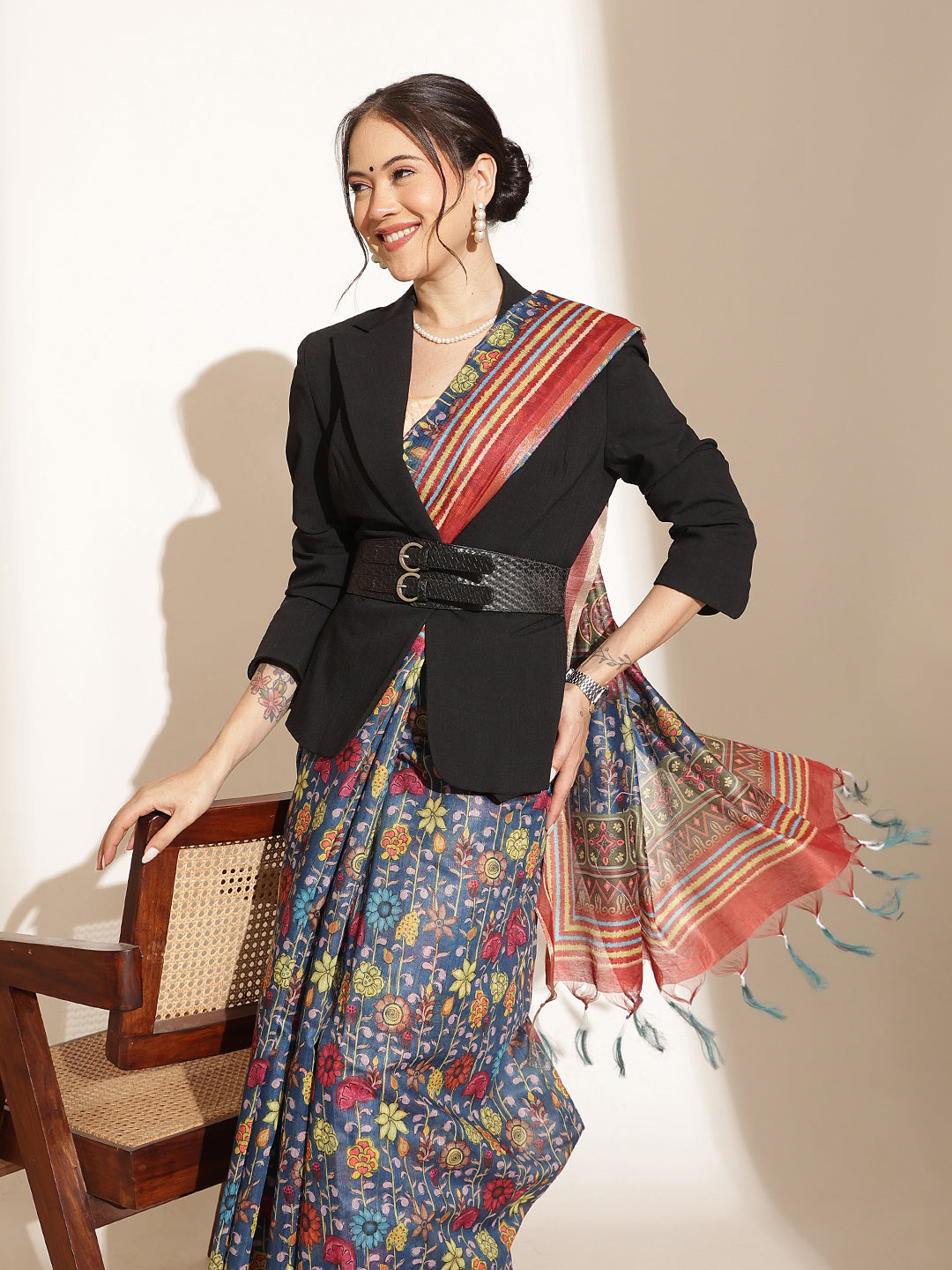 Digital Printed Floral Cotton Chanderi Saree With Tassels