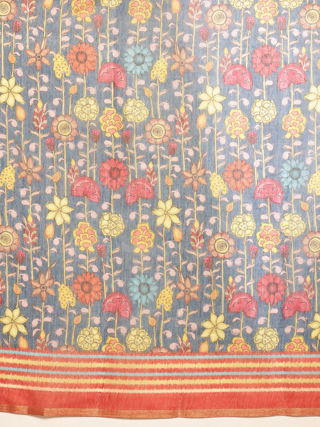 Digital Printed Floral Cotton Chanderi Saree With Tassels