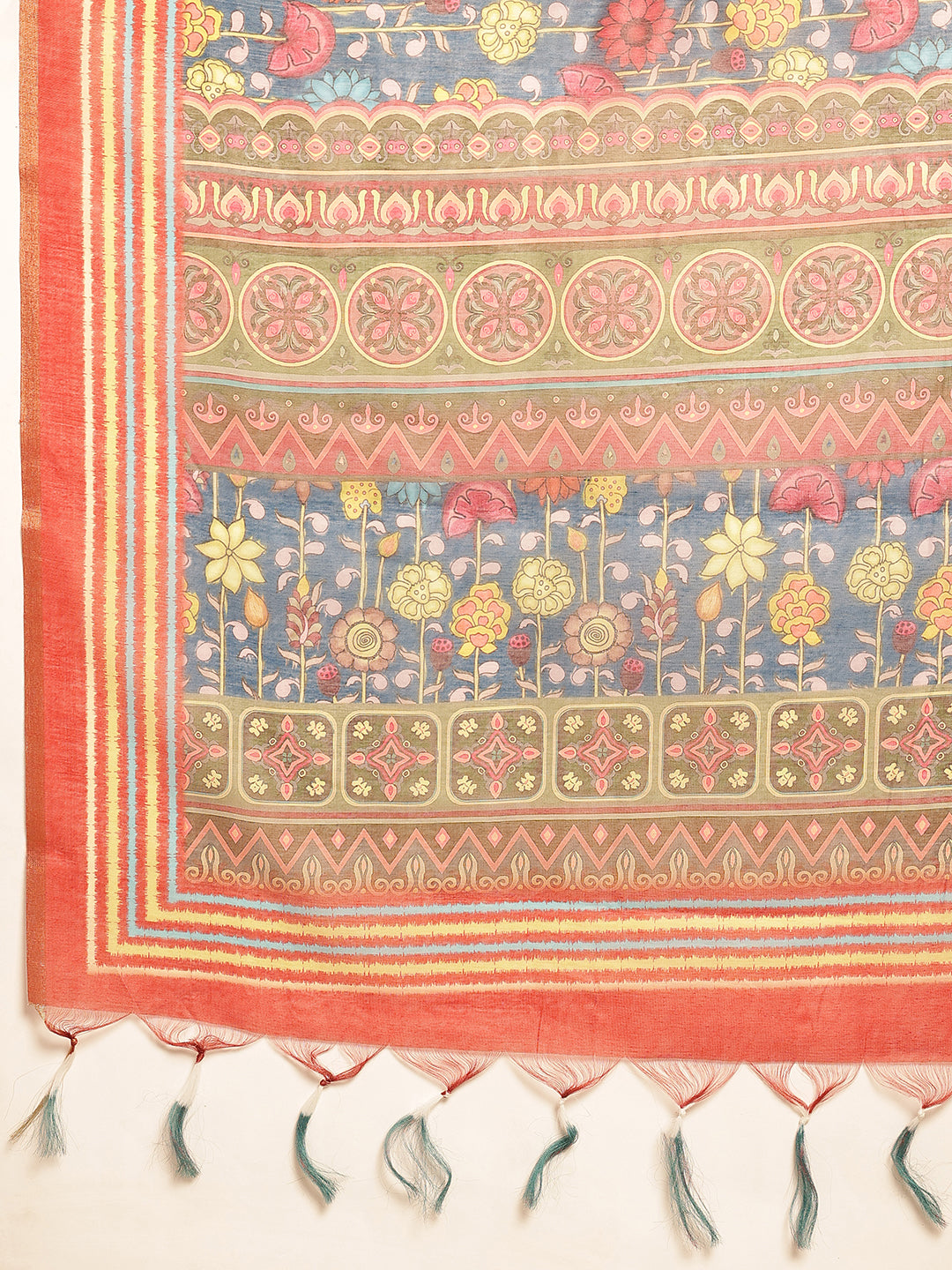 Digital Printed Floral Cotton Chanderi Saree With Tassels