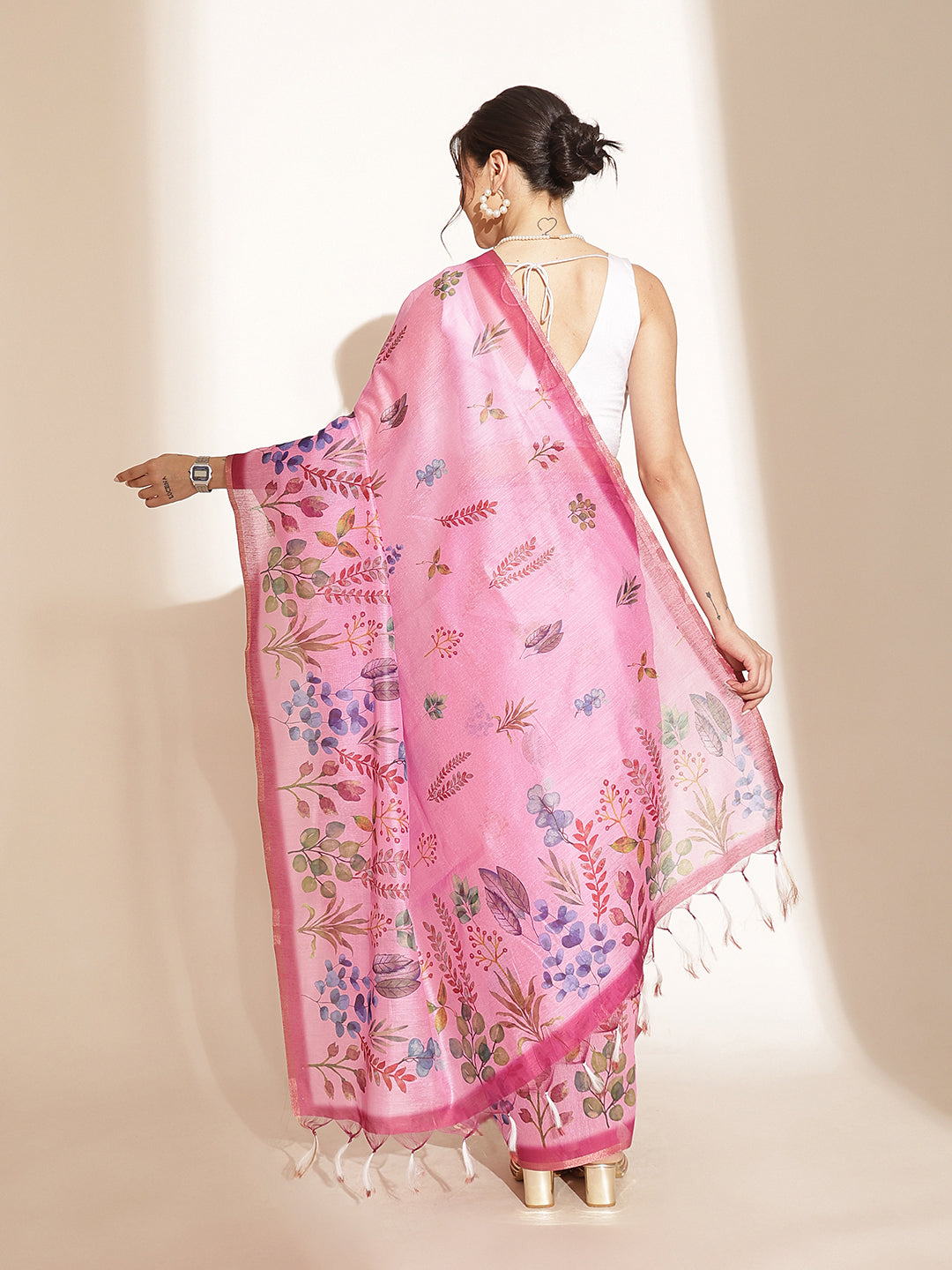 Digital Printed Floral Cotton Chanderi Saree With Tassels