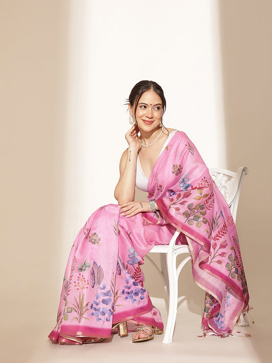 Digital Printed Floral Cotton Chanderi Saree With Tassels