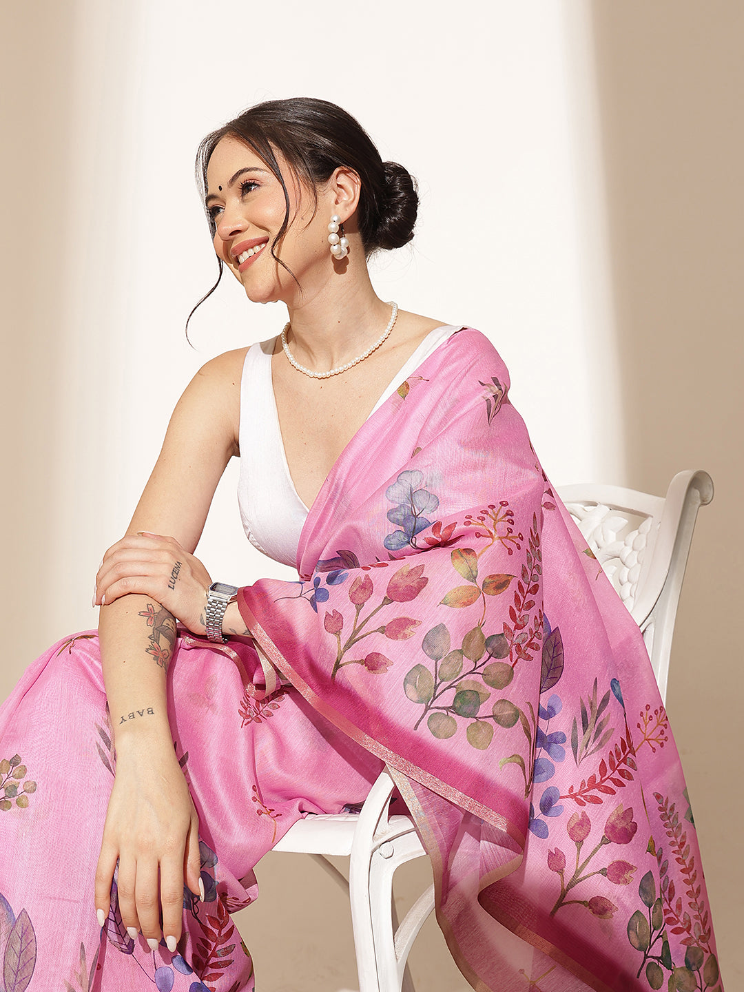 Digital Printed Floral Cotton Chanderi Saree With Tassels