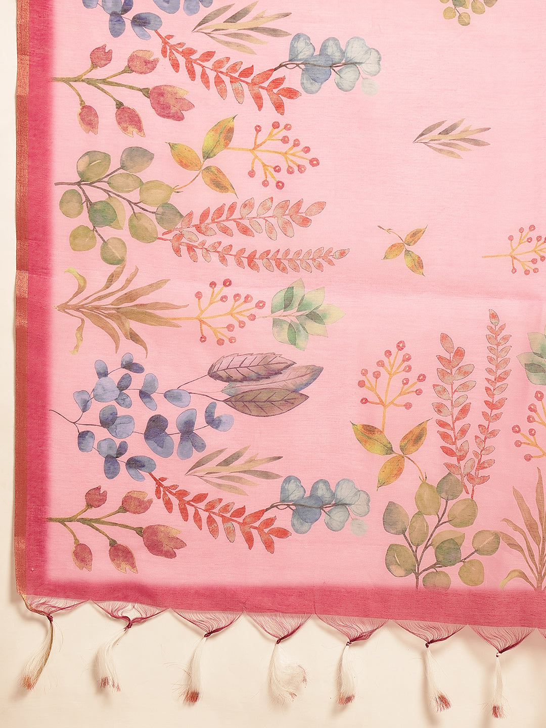 Digital Printed Floral Cotton Chanderi Saree With Tassels