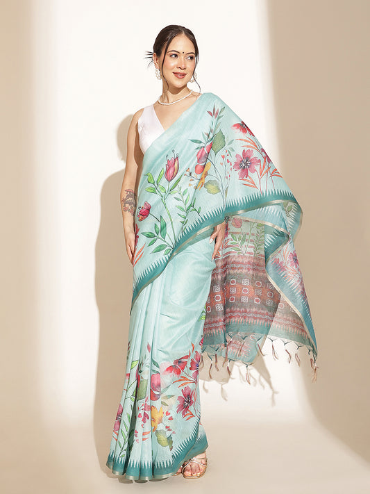 Digital Printed Floral Cotton Chanderi Saree With Tassels