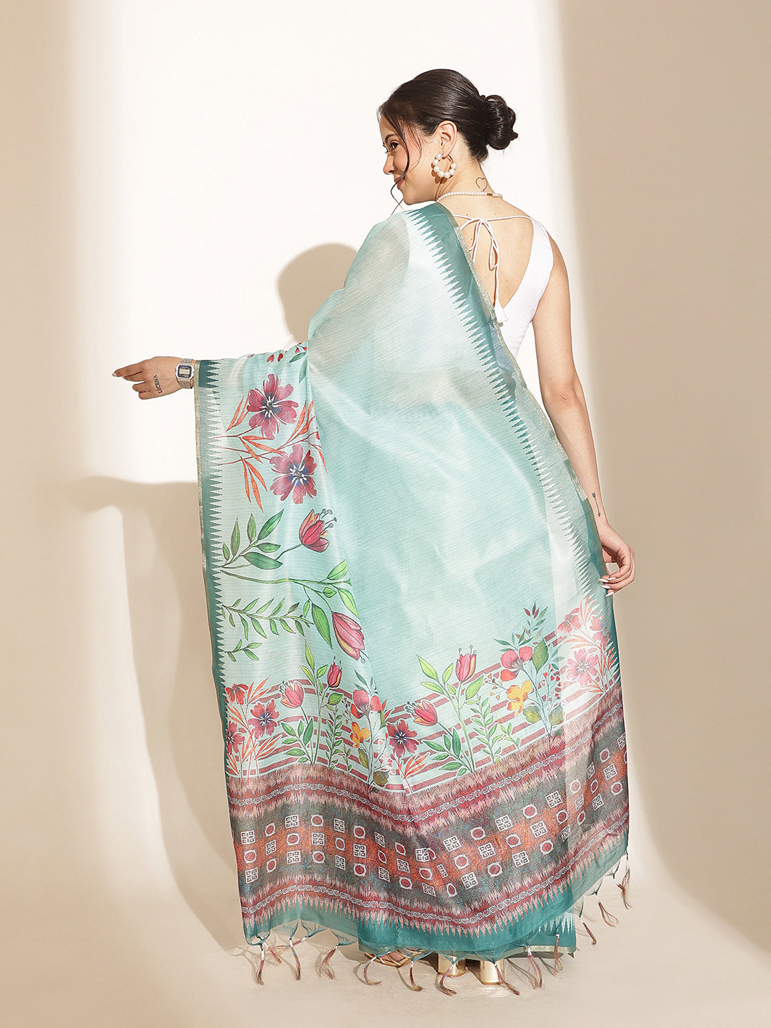 Digital Printed Floral Cotton Chanderi Saree With Tassels