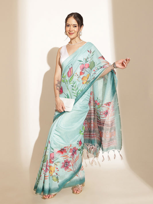 Digital Printed Floral Cotton Chanderi Saree With Tassels