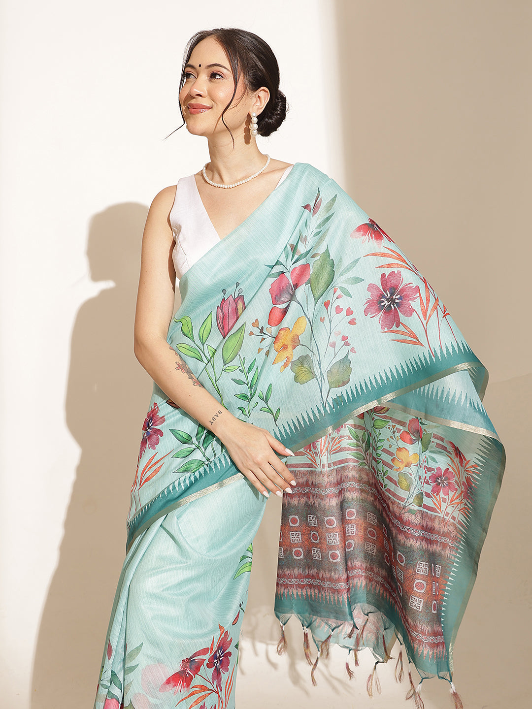 Digital Printed Floral Cotton Chanderi Saree With Tassels
