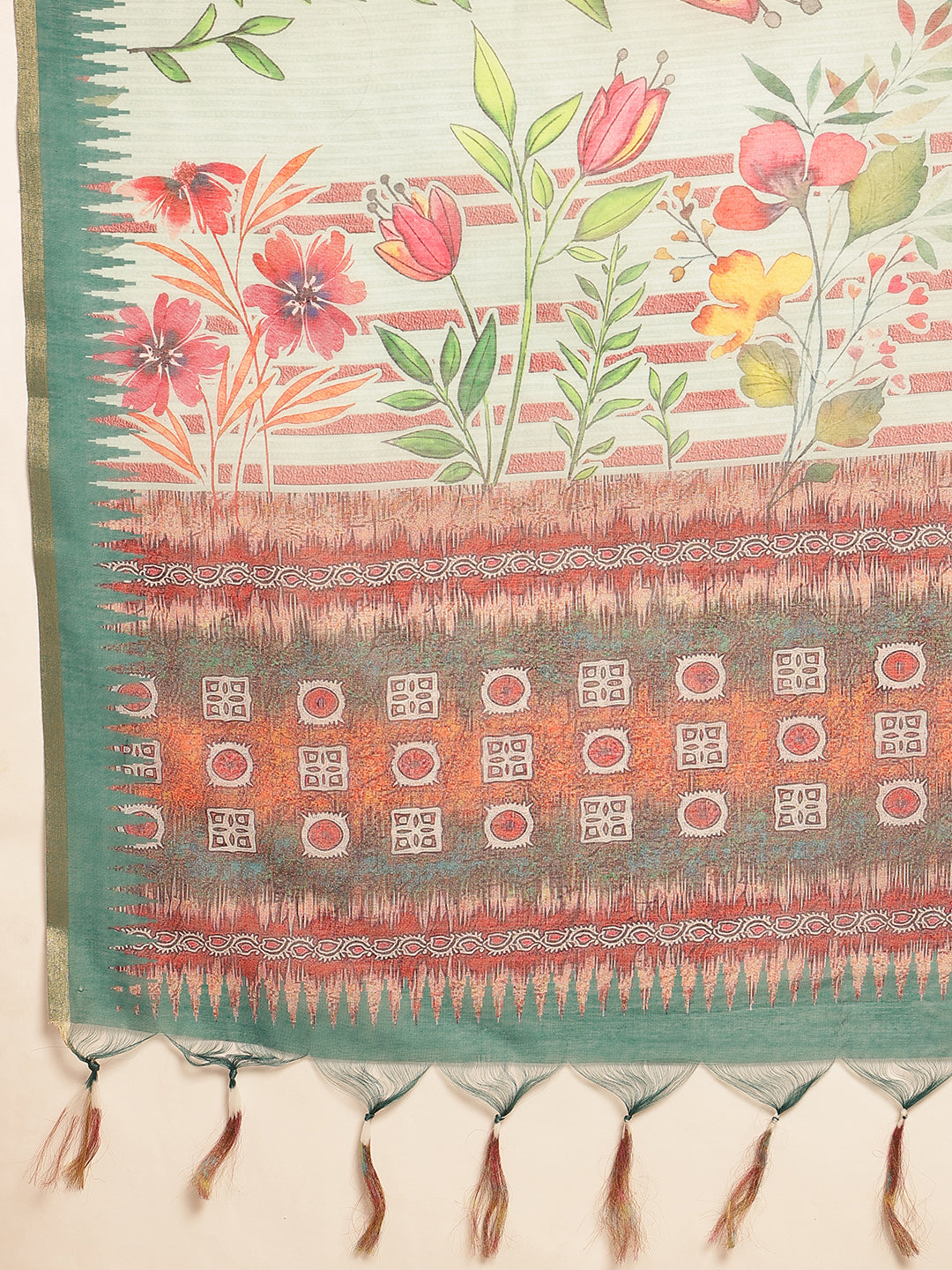 Digital Printed Floral Cotton Chanderi Saree With Tassels