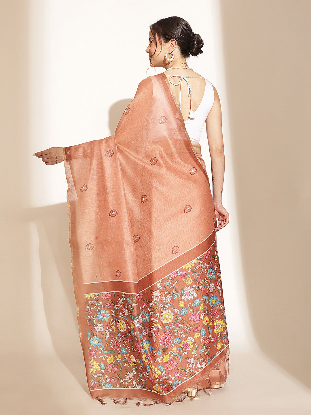 Digital Printed Floral Cotton Chanderi Saree With Tassels