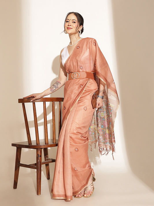 Digital Printed Floral Cotton Chanderi Saree With Tassels