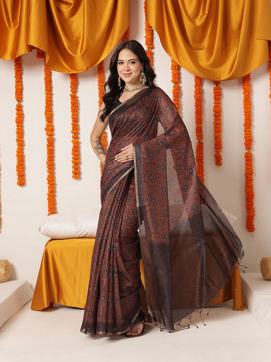 Floral Printed Cotton Chanderi Saree With Solid Blouse – Brown – view 2