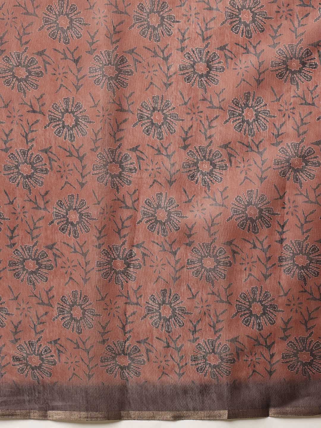 Floral Printed Cotton Chanderi Saree With Solid Blouse – Brown – view 5