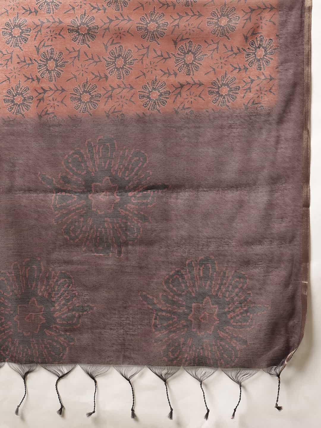 Floral Printed Cotton Chanderi Saree With Solid Blouse – Brown – view 6