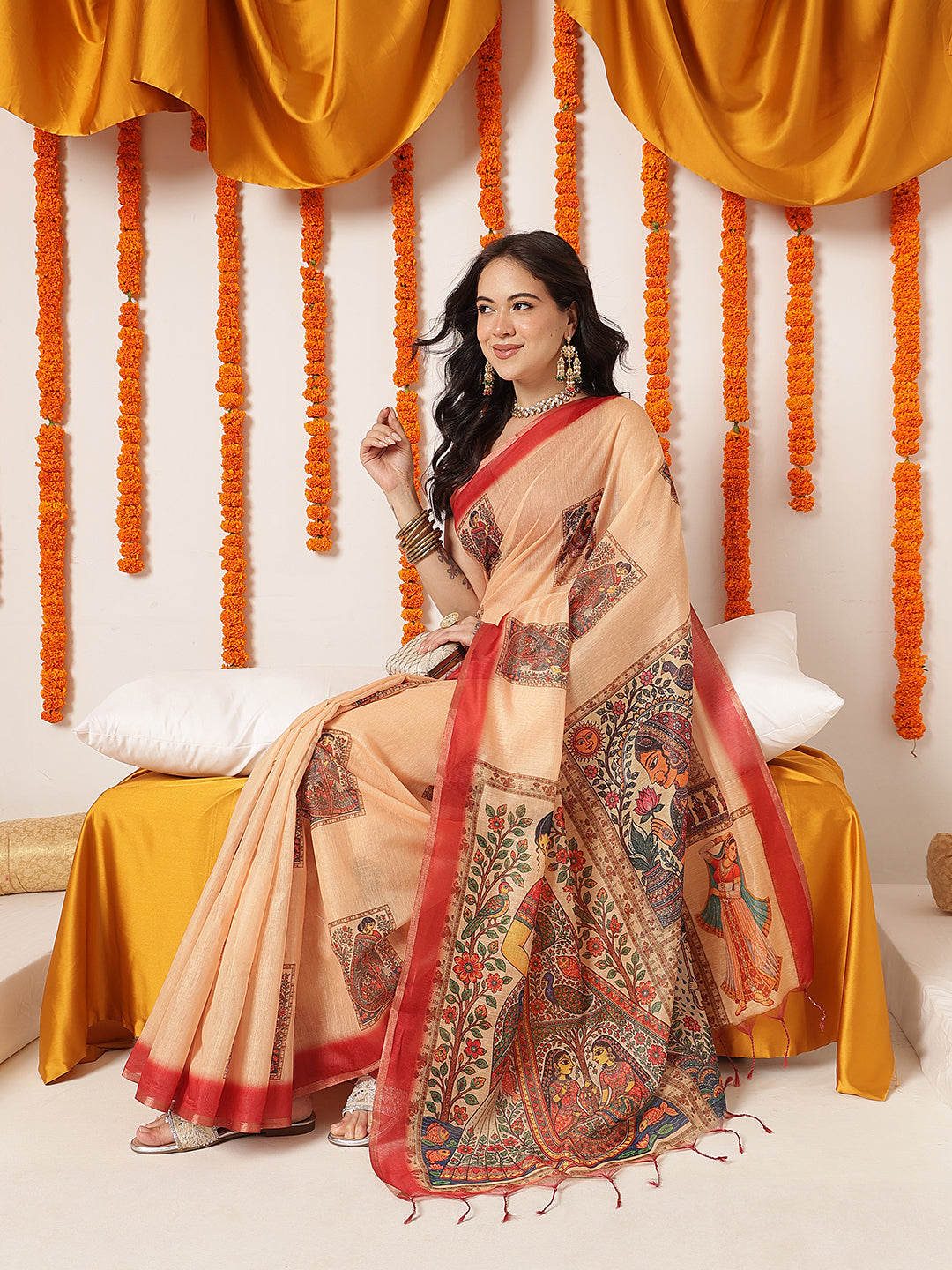 Madhubani Printed Chanderi Cotton Saree With Solid Blouse – Beige – view 2