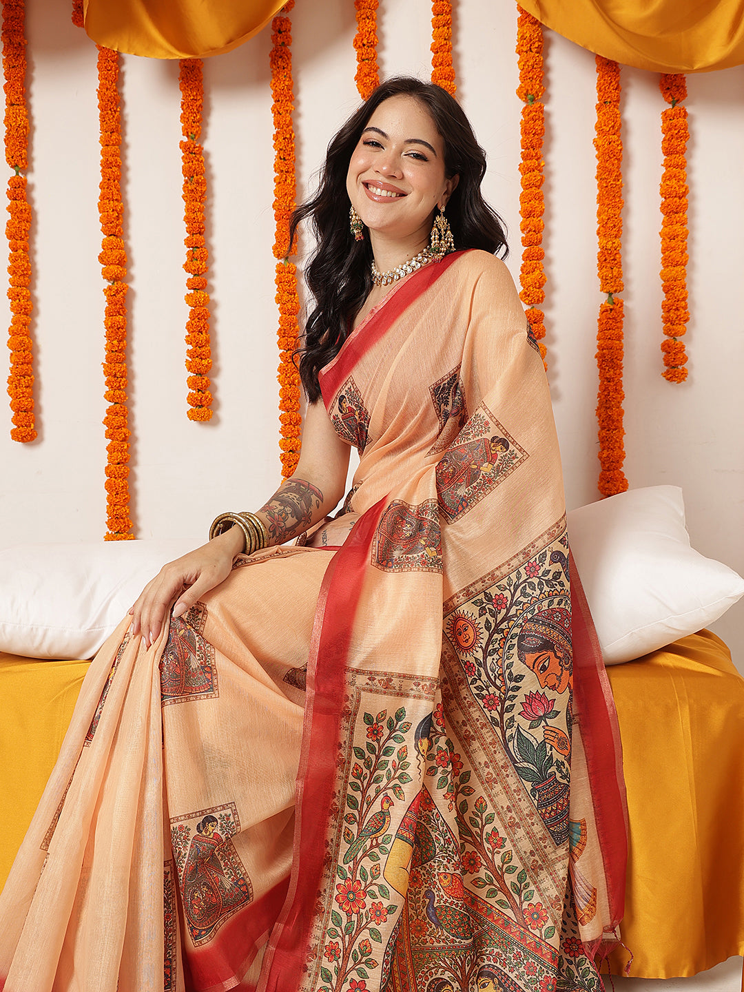 Madhubani Printed Chanderi Cotton Saree With Solid Blouse – Beige – view 4