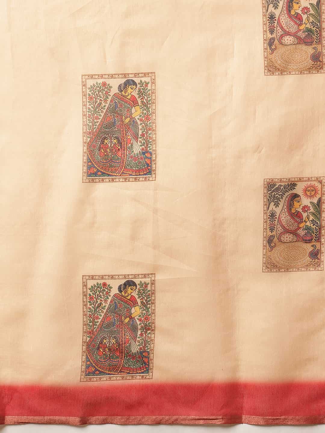 Madhubani Printed Chanderi Cotton Saree With Solid Blouse – Beige – view 5