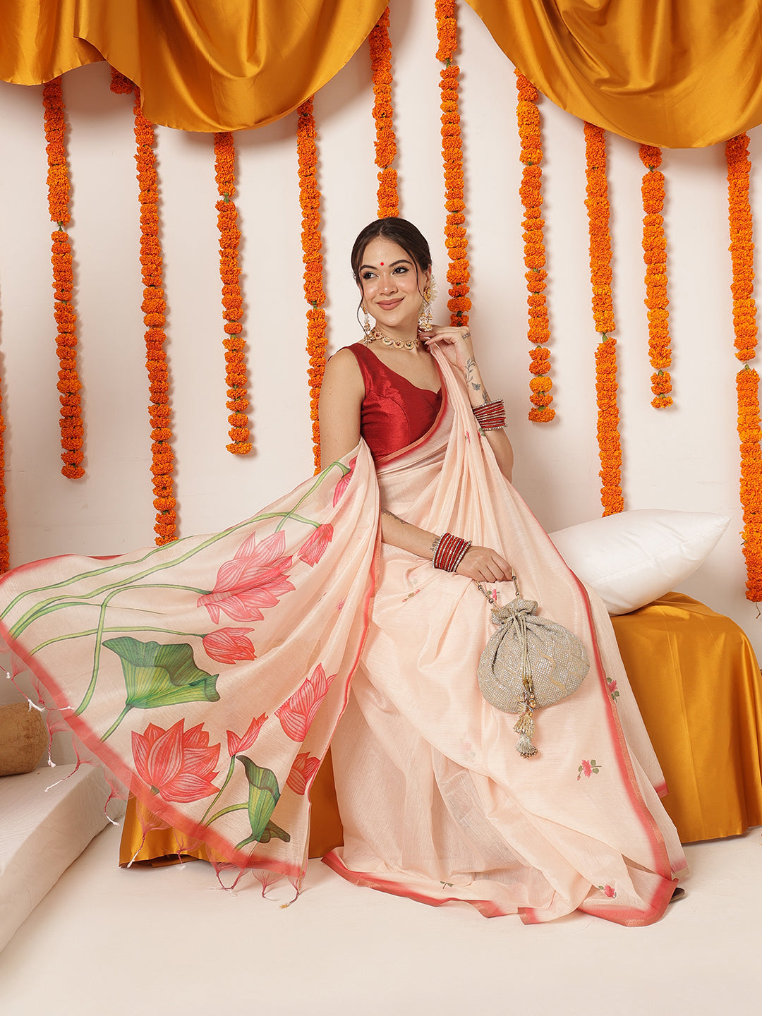 Floral Printed Cotton Chanderi Saree With Solid Blouse – Beige