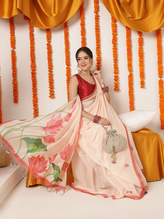 Floral Printed Cotton Chanderi Saree With Solid Blouse – Beige