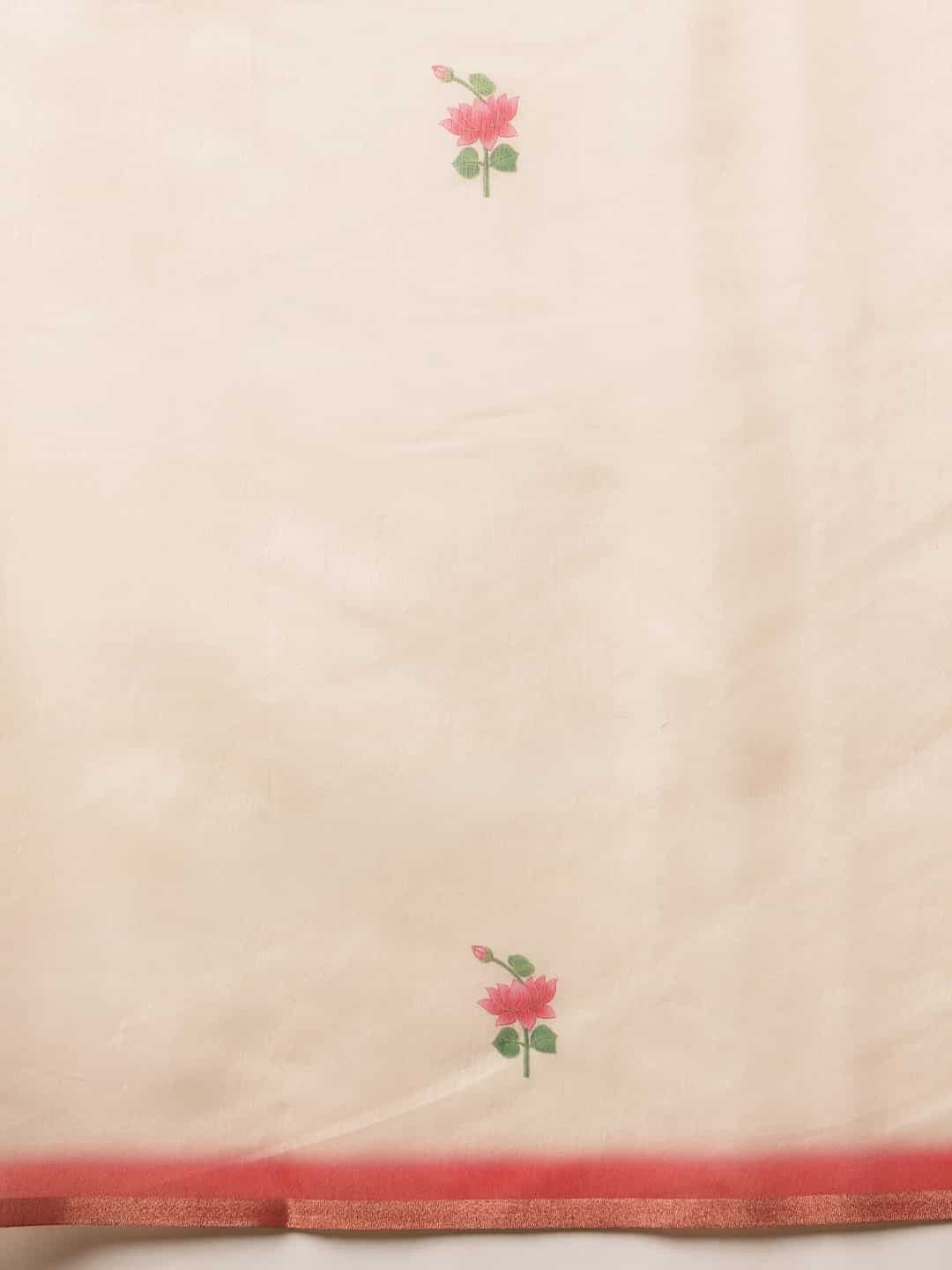 Floral Printed Cotton Chanderi Saree With Solid Blouse – Beige – view 5