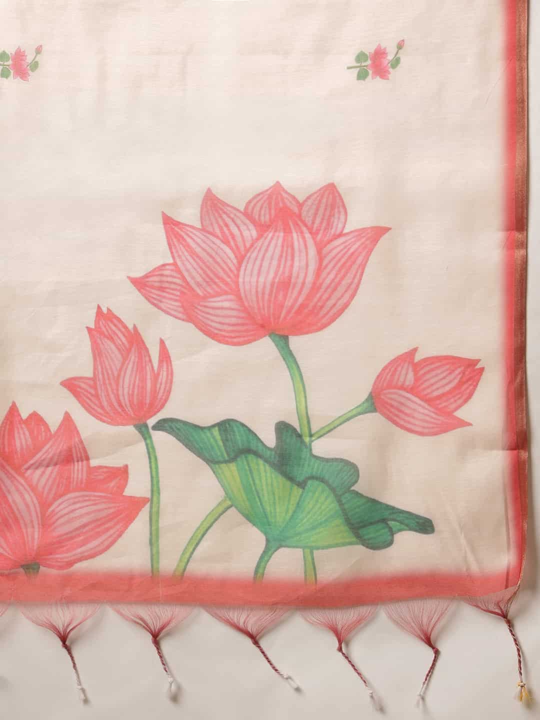 Floral Printed Cotton Chanderi Saree With Solid Blouse – Beige – view 6