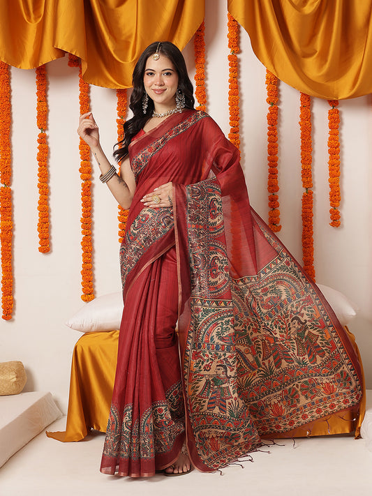 Madhubani Printed Chanderi Cotton Saree With Solid Blouse – Maroon