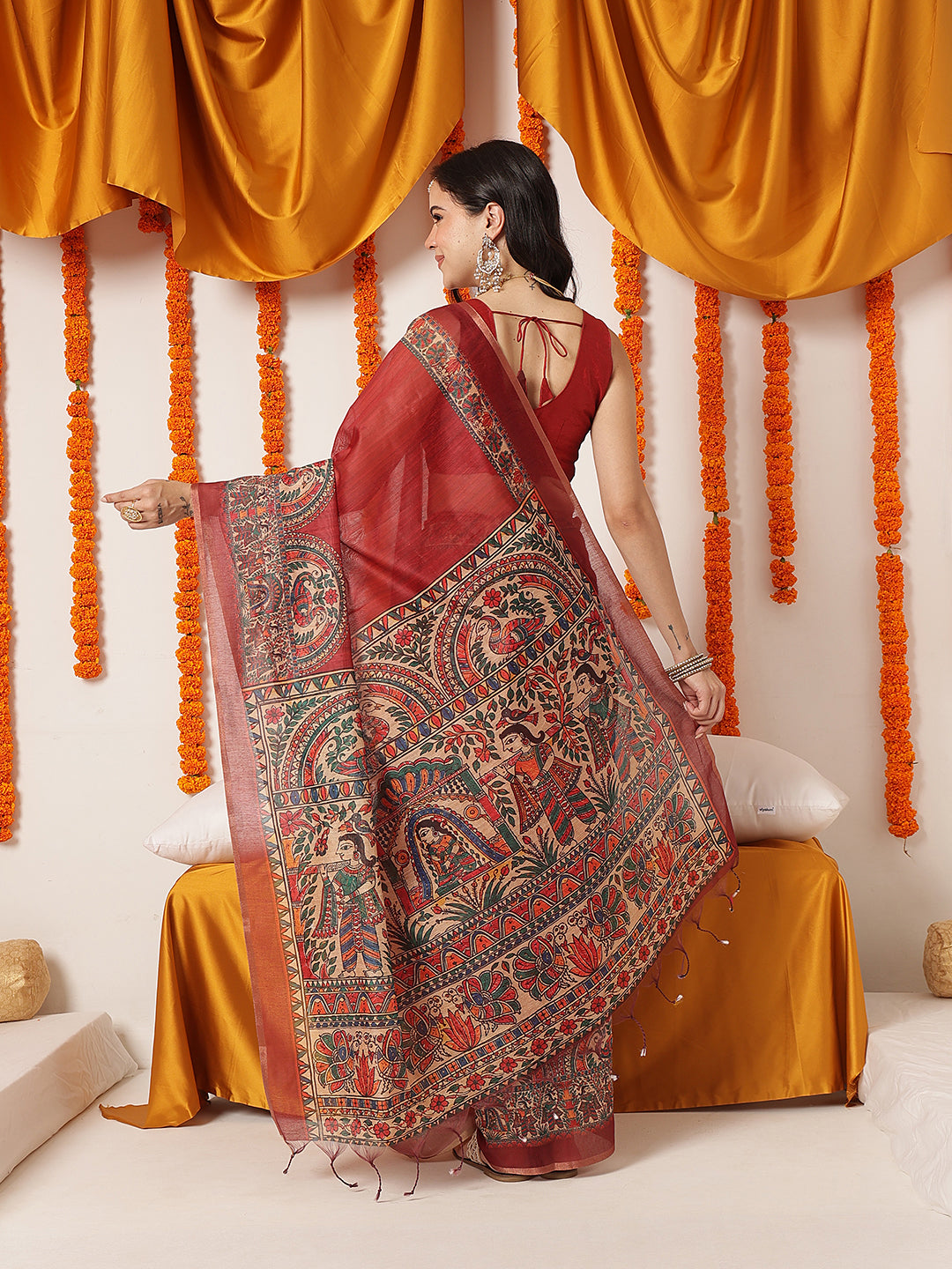 Madhubani Printed Chanderi Cotton Saree With Solid Blouse – Maroon – view 3