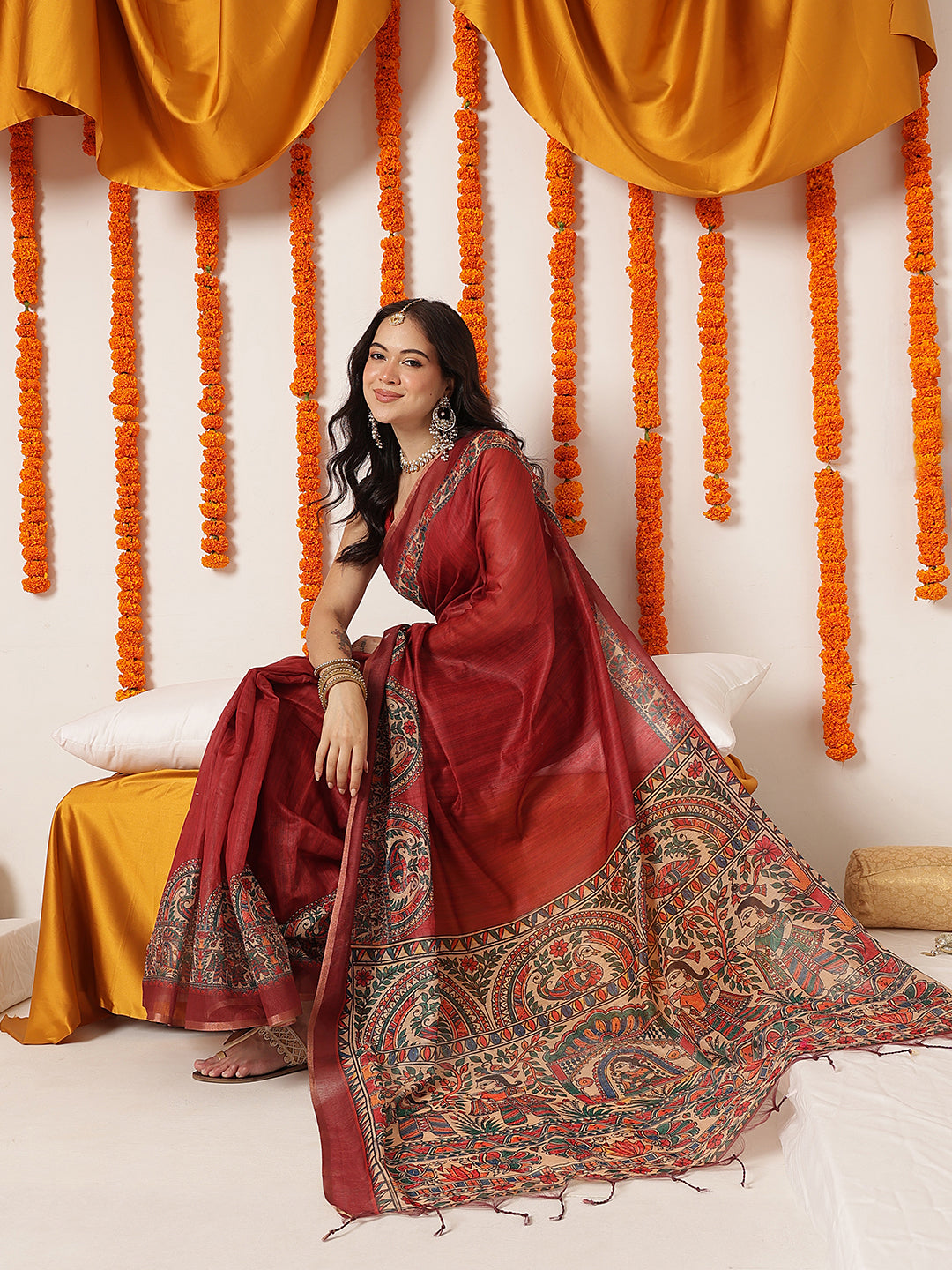 Madhubani Printed Chanderi Cotton Saree With Solid Blouse – Maroon – view 2