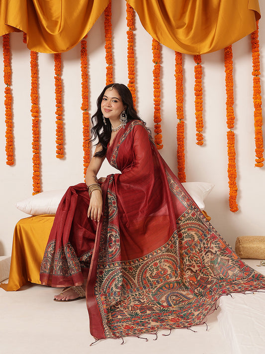 Madhubani Printed Chanderi Cotton Saree With Solid Blouse – Maroon – view 2
