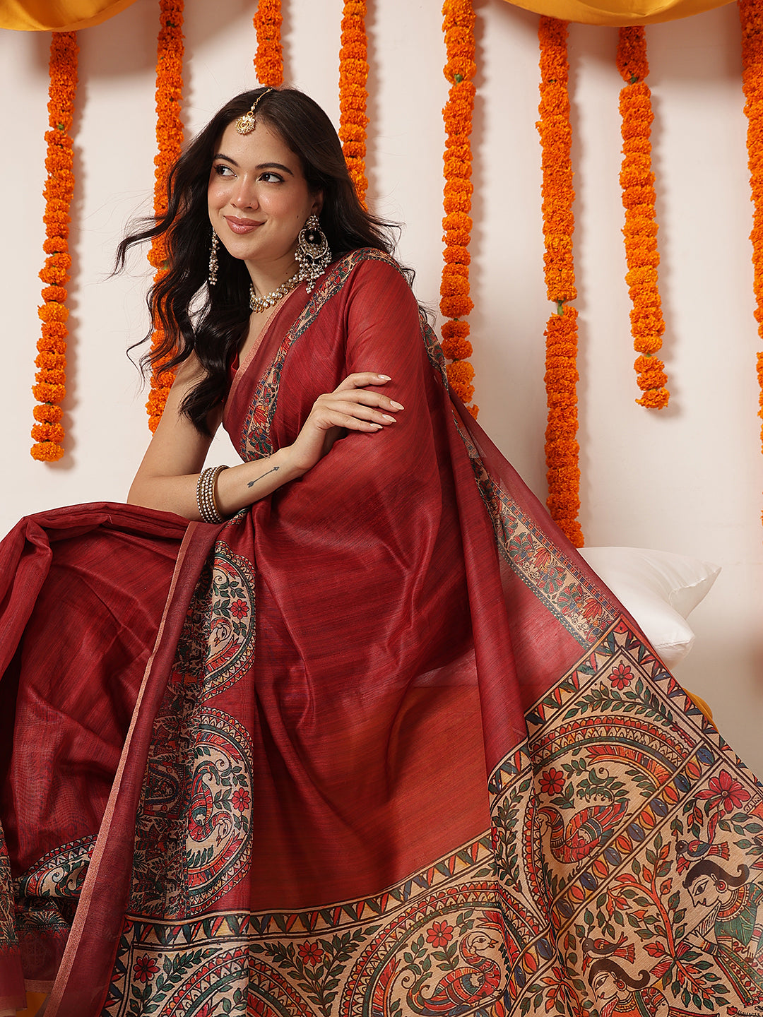 Madhubani Printed Chanderi Cotton Saree With Solid Blouse – Maroon – view 4