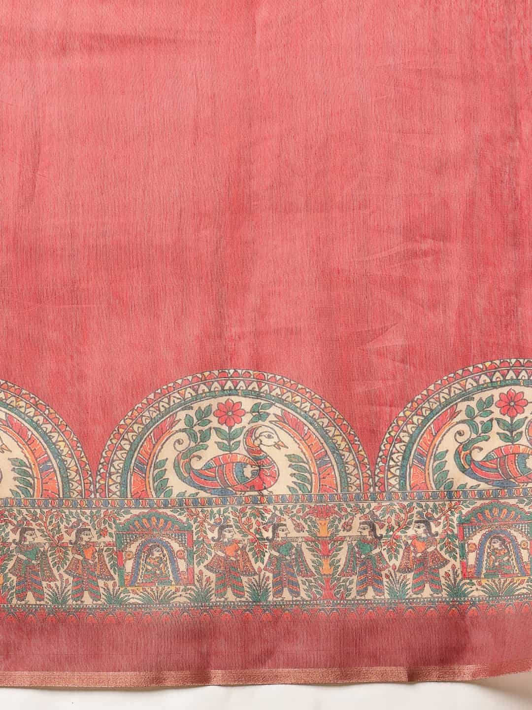 Madhubani Printed Chanderi Cotton Saree With Solid Blouse – Maroon – view 5